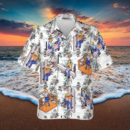 Ironworkers Floral Pattern White Background Ironworker Shirts For Men Ironworker Tropical Hawaiian Shirt