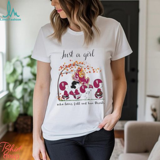 Just A Woman Who Loves Fall And Arizona State Sun Devils Peanuts Cartoon T Shirt