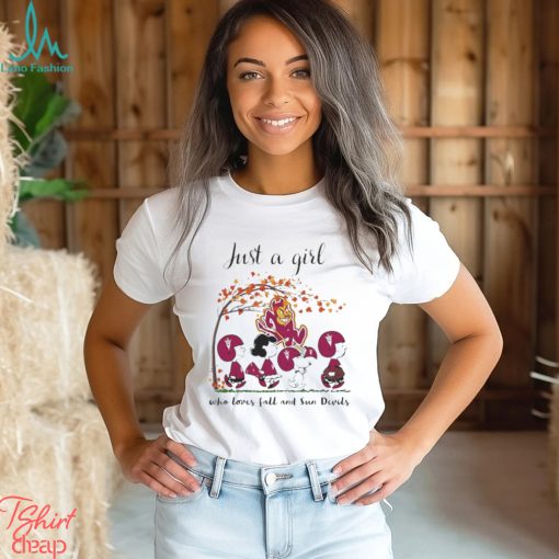 Just A Woman Who Loves Fall And Arizona State Sun Devils Peanuts Cartoon T Shirt