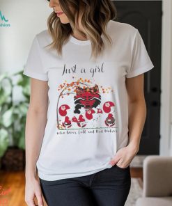 Just A Woman Who Loves Fall And Arkansas State Red Wolves Peanuts Cartoon T Shirt