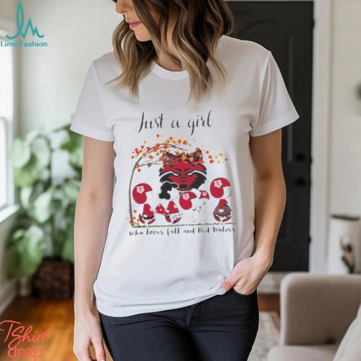 Just A Woman Who Loves Fall And Arkansas State Red Wolves Peanuts Cartoon T Shirt