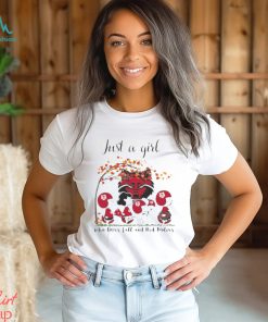 Just A Woman Who Loves Fall And Arkansas State Red Wolves Peanuts Cartoon T Shirt