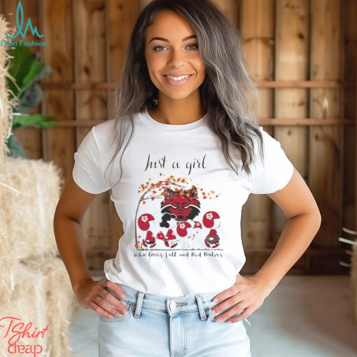 Just A Woman Who Loves Fall And Arkansas State Red Wolves Peanuts Cartoon T Shirt