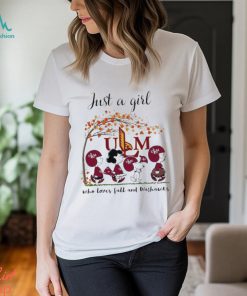 Just A Woman Who Loves Fall And Ul Monroe Warhawks Cartoon T Shirt