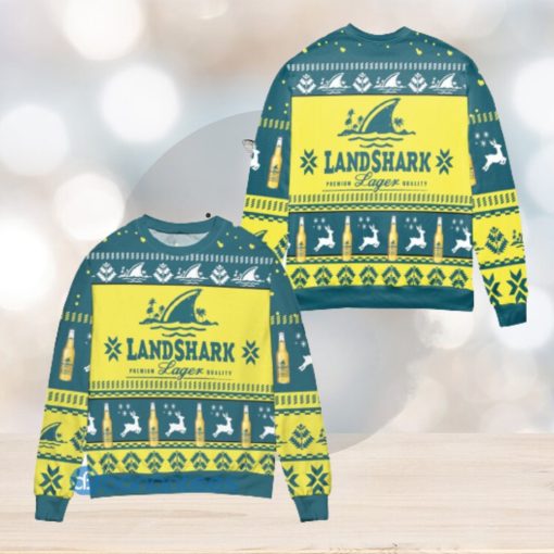 Landshark Lager Beer Logo Reindeer Pattern Yellow Blue Ugly Christmas Sweater Christmas Gift For Men And Women