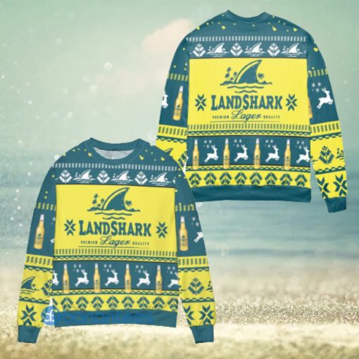 Landshark Lager Beer Logo Reindeer Pattern Yellow Blue Ugly Christmas Sweater Christmas Gift For Men And Women