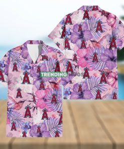 Los Angeles Angels White Purple Hibiscus Pink Hummingbird Pink Background 3D Hawaiian Shirt