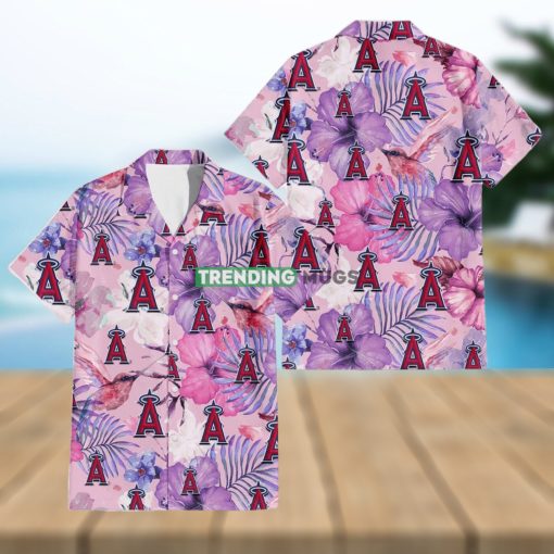 Los Angeles Angels White Purple Hibiscus Pink Hummingbird Pink Background 3D Hawaiian Shirt