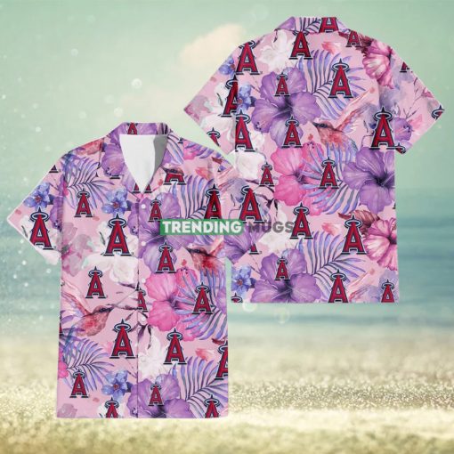 Los Angeles Angels White Purple Hibiscus Pink Hummingbird Pink Background 3D Hawaiian Shirt