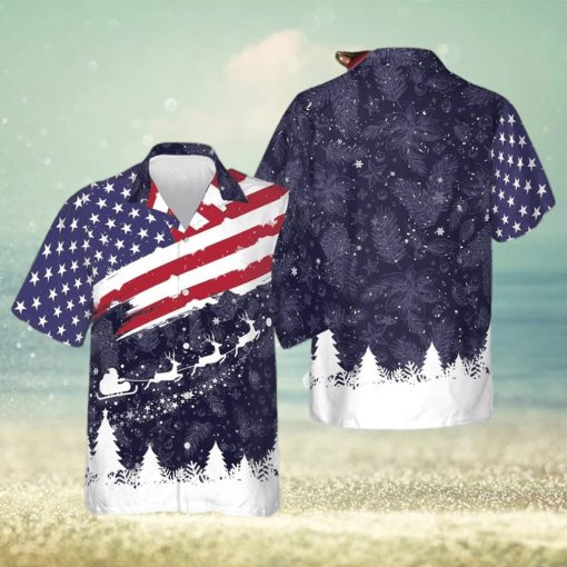 Merry Christmas USA Flag Hawaiian Shirt Mens Patriotic Button Down Shirts Xmas Gift Ideas