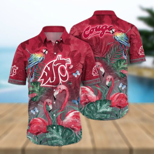 NCAA Washington State Cougars Hawaiian Shirt Aloha Shirt Pink Flamingo And Palm Leaves