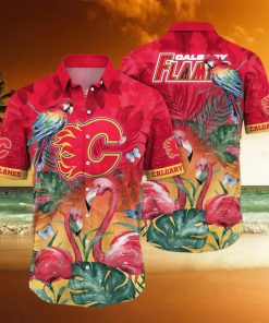 NHL Calgary Flames Hawaiian Shirt Pink Flamingo And Palm Leaves Beach Lovers Gift hawaiian shirt