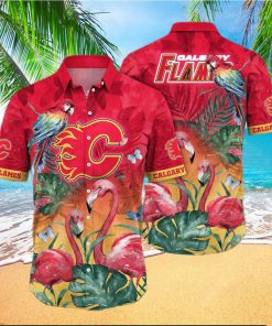 NHL Calgary Flames Hawaiian Shirt Pink Flamingo And Palm Leaves Beach Lovers Gift hawaiian shirt