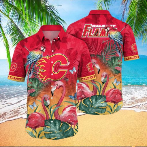 NHL Calgary Flames Hawaiian Shirt Pink Flamingo And Palm Leaves Beach Lovers Gift hawaiian shirt