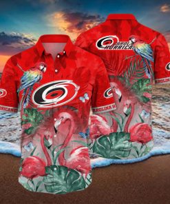 NHL Carolina Hurricanes Hawaiian Shirt Pink Flamingo And Palm Leaves