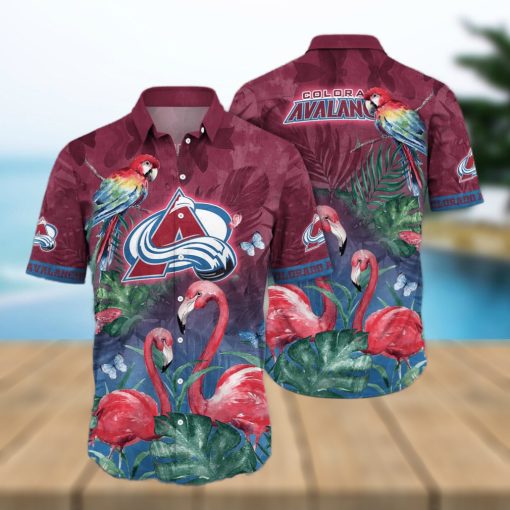 NHL Colorado Avalanche Hawaiian Shirt Flamingo And Palm Leaves Gift For Beach Vacation hawaiian shirt