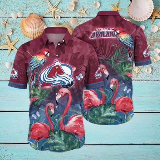 NHL Colorado Avalanche Hawaiian Shirt Flamingo And Palm Leaves Gift For Beach Vacation hawaiian shirt