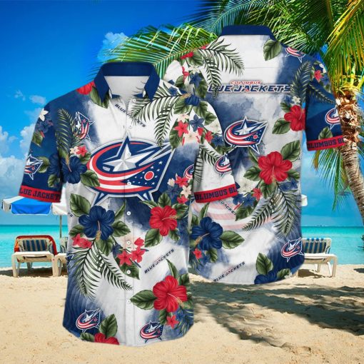 NHL Columbus Blue Jackets Hawaiian Shirt Hibiscus Flowers Pattern hawaiian shirt