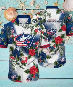 NHL Columbus Blue Jackets Hawaiian Shirt Hibiscus Flowers Pattern hawaiian shirt