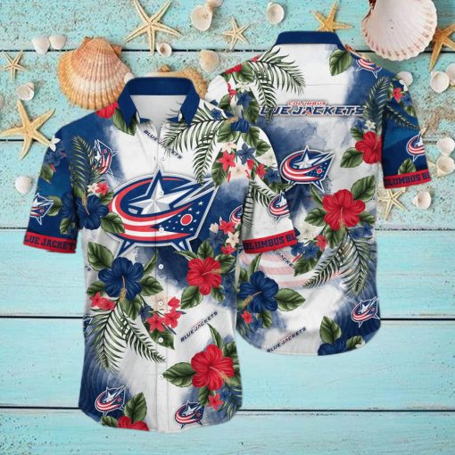 NHL Columbus Blue Jackets Hawaiian Shirt Hibiscus Flowers Pattern hawaiian shirt