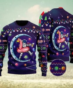 Party Astronauts Sit On Flamingo Floats At A Space Ugly Christmas Sweater Party