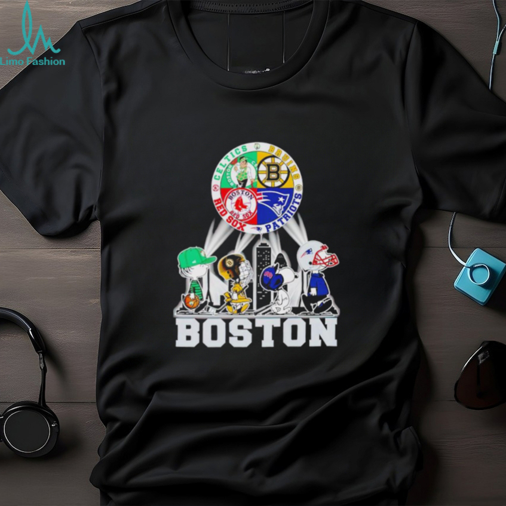 Peanuts characters Bruins Patriots Red Sox Celtics Boston skyline city shirt  - Limotees