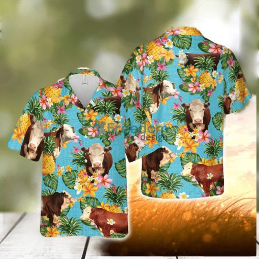 Pineapple Hawaiian Theme For Hereford Cattle Lovers All 3D Printed Hawaiian Shirt