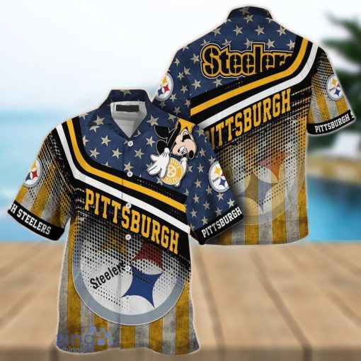 Pittsburgh Steelers NFL Hawaiian Shirt Mickey Graphic American Flag Printed 3D Shirt Best Gift For Fans