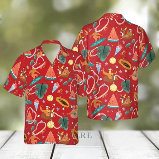 Santa Surfing Pattern Hawaiian Shirt  Christmas Ideas Red Button Up Shirt  Summer Themed Gifts