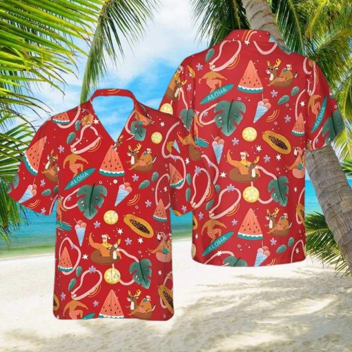 Santa Surfing Pattern Hawaiian Shirt  Christmas Ideas Red Button Up Shirt  Summer Themed Gifts