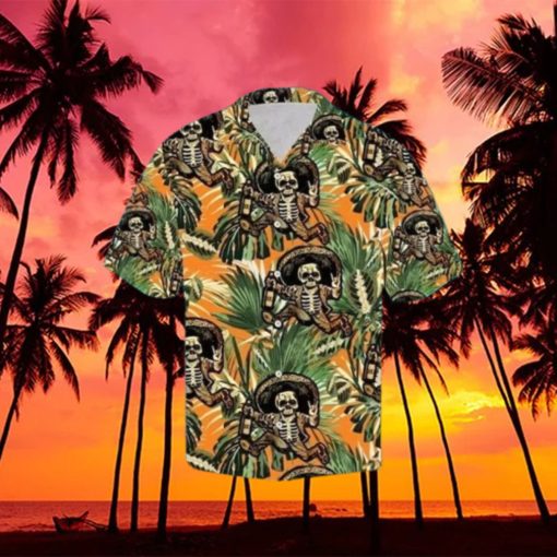 Skull Tropical Leaves Pattern Hawaiian Shirt Funny Skull Beach Party Tropical Aloha hawaiian shirt