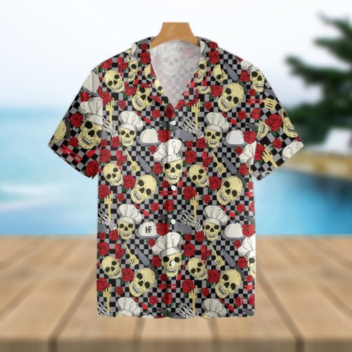 Skulls In Chef Hats And Red Roses Patterned Tropical Hawaiian Shirt For Men And Women