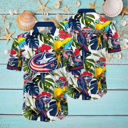 Summer Aloha NHL Columbus Blue Jackets Hawaiian Shirt Birds And Palm Leaves hawaiian shirt