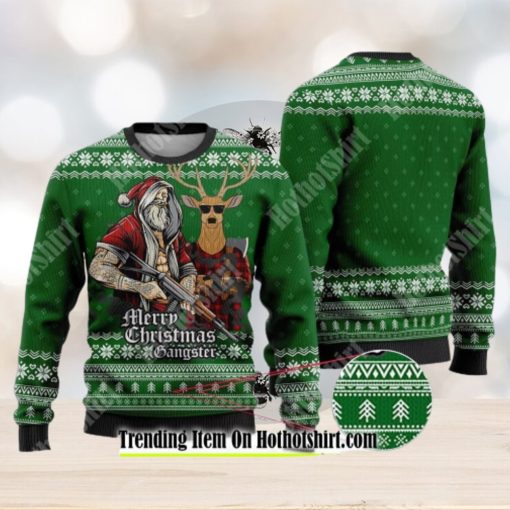 Tattooed Santa And Reindeer Green Ugly Christmas Sweater