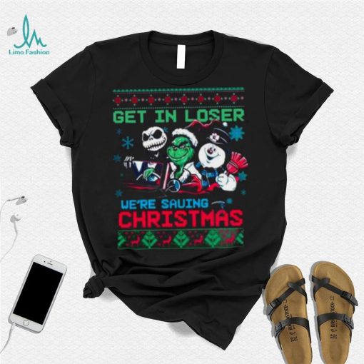 The Grinch Jack Skellington And Snowman Get In Loser We’Re Going Saving Ugly Vintage Christmas Tshirts