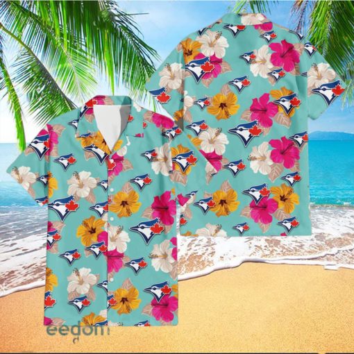 Toronto Blue Jays Pink Yellow White Hibiscus Pattern Tropical Hawaiian Shirt