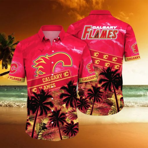 Vintage Aloha NHL Calgary Flames Hawaiian Shirt Palm Trees Beach Lovers Gift hawaiian shirt