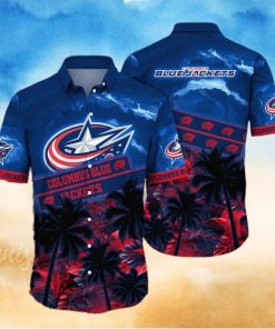 Vintage Aloha NHL Columbus Blue Jackets Hawaiian Shirt Palm Trees Pattern Hockey Fans Gift