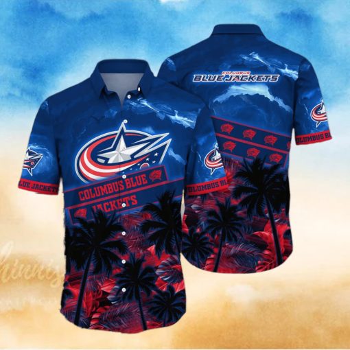 Vintage Aloha NHL Columbus Blue Jackets Hawaiian Shirt Palm Trees Pattern Hockey Fans Gift