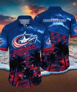 Vintage Aloha NHL Columbus Blue Jackets Hawaiian Shirt Palm Trees Pattern Hockey Fans Gift