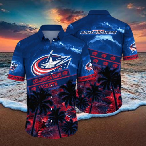 Vintage Aloha NHL Columbus Blue Jackets Hawaiian Shirt Palm Trees Pattern Hockey Fans Gift