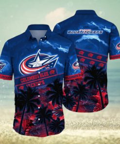 Vintage Aloha NHL Columbus Blue Jackets Hawaiian Shirt Palm Trees Pattern Hockey Fans Gift