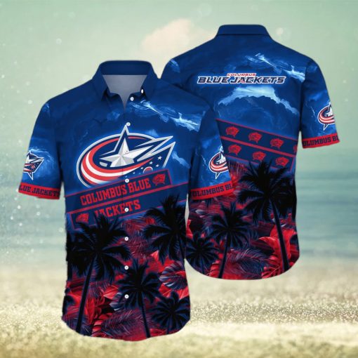 Vintage Aloha NHL Columbus Blue Jackets Hawaiian Shirt Palm Trees Pattern Hockey Fans Gift