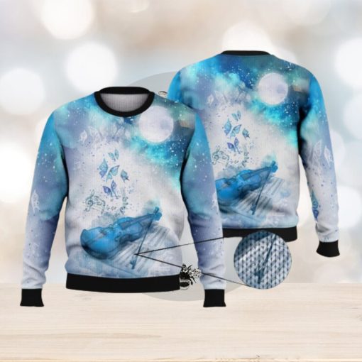 Violin Butterfly Night Sky Blue Full Print For Violin Lovers 3D Ugly Sweater Christmas Gift Sweater