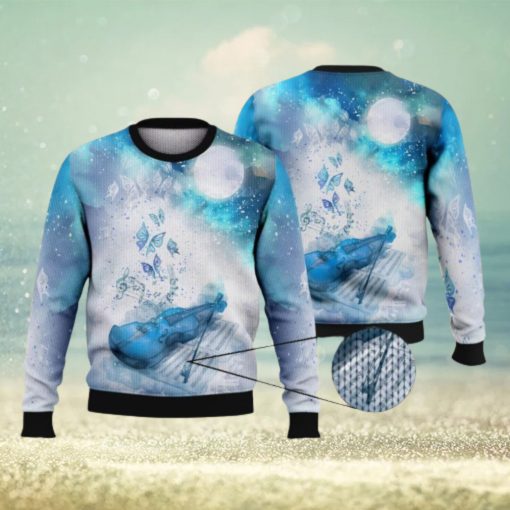 Violin Butterfly Night Sky Blue Full Print For Violin Lovers 3D Ugly Sweater Christmas Gift Sweater