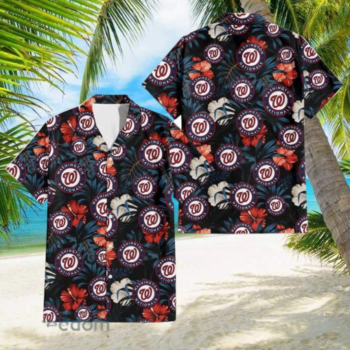 Washington Nationals Red And White Hibiscus Dark Leaf Black Background 3D Hawaiian Shirt