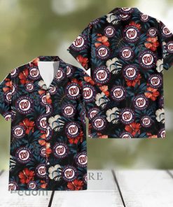 Washington Nationals Red And White Hibiscus Dark Leaf Black Background 3D Hawaiian Shirt