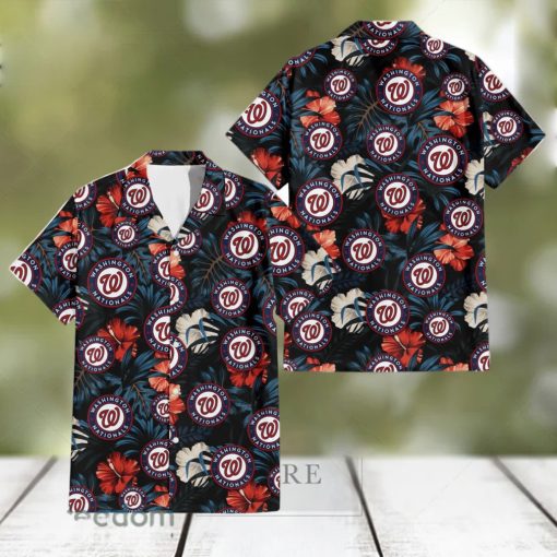 Washington Nationals Red And White Hibiscus Dark Leaf Black Background 3D Hawaiian Shirt