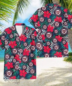 Washington Nationals Red Hibiscus Green Blue White Leaf Black Background 3D Hawaiian Shirt