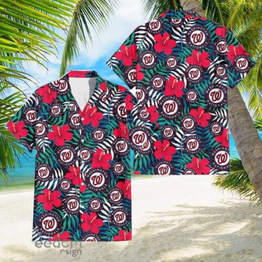 Washington Nationals Red Hibiscus Green Blue White Leaf Black Background 3D Hawaiian Shirt